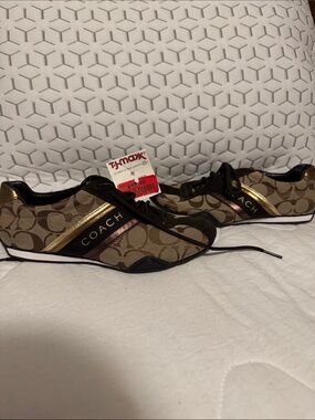 Coach Brown Monogram Sneakers with Gold Accent